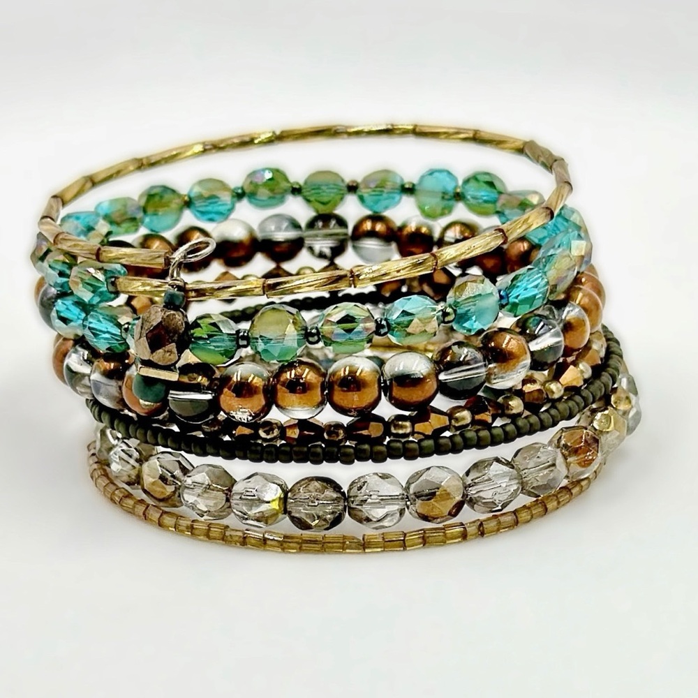 Green and gold crystal beaded wrap bracelet on memory wire, coil cuff bracelet